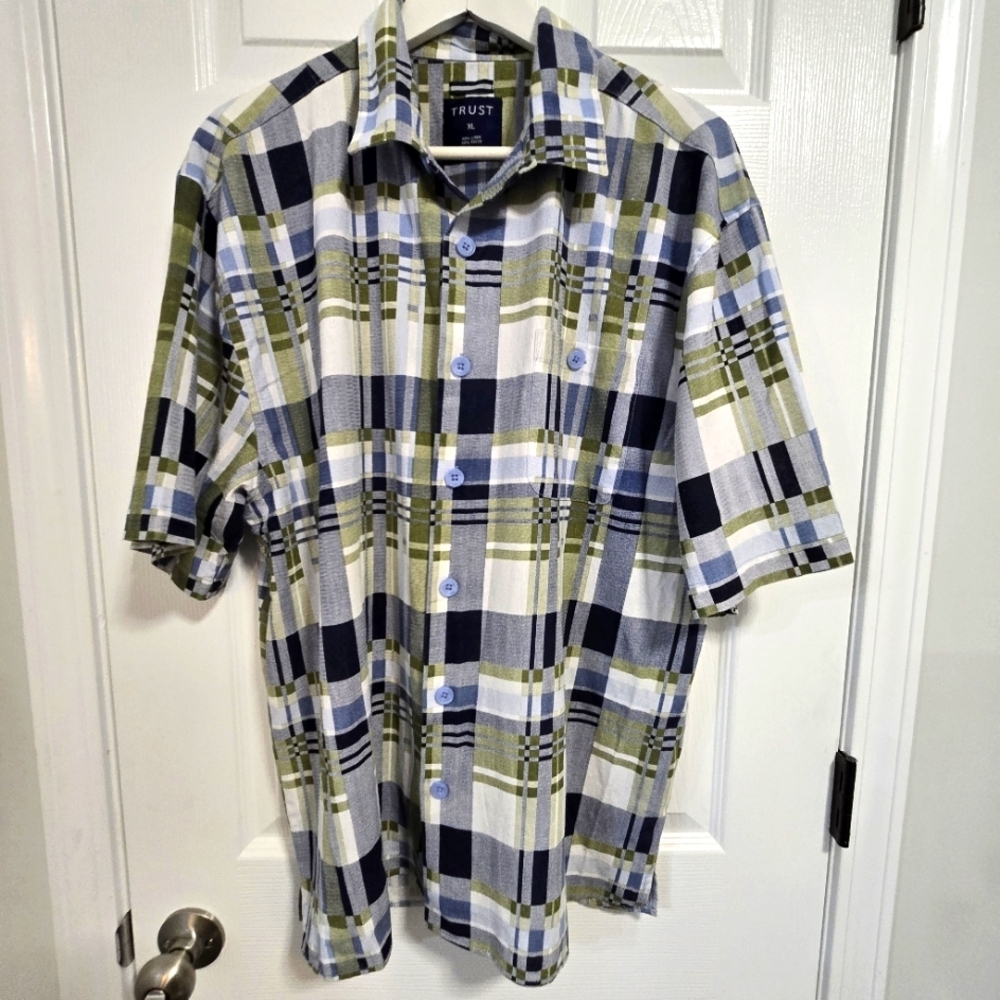 TRUST Men's Linen Blend Plaid Button Down Collared Shirt Sleeve Shirt XL